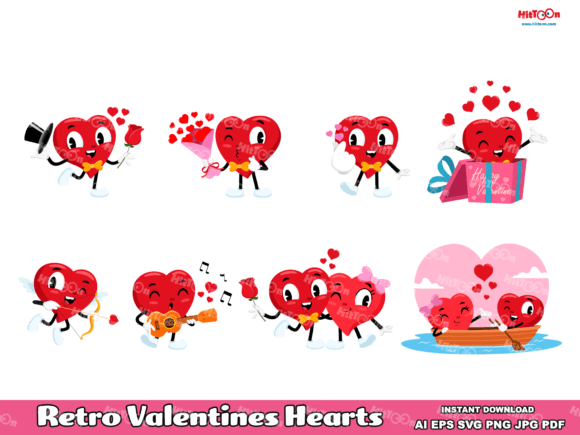 Download Retro Valentines Hearts Flat Clip Art - Clip art Collection